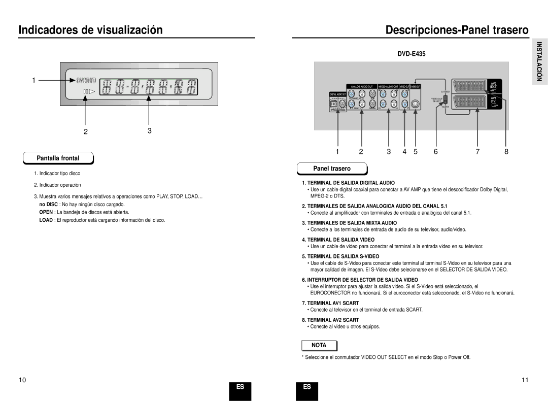 Samsung DVD-E235/XEC, DVD-E435/XEC manual Indicadores de visualización, Descripciones-Panel trasero, Pantalla frontal 