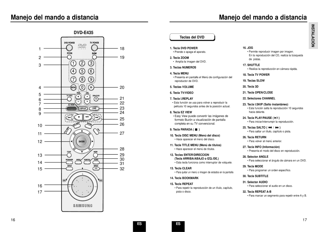 Samsung DVD-E235/XEC manual Instalació N, Teclas Numeros Tecla Menu, Teclas Volume Tecla TV/VIDEO Tecla I.REPLAY, Jog 