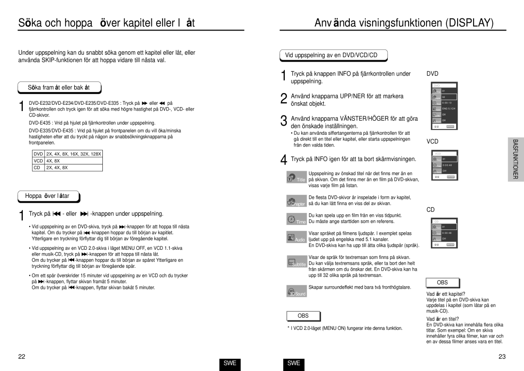 Samsung DVD-E235/XEE manual Sö ka framå t eller bakå t, Hoppa ö ver lå tar, Tryck på eller -knappen under uppspelning 