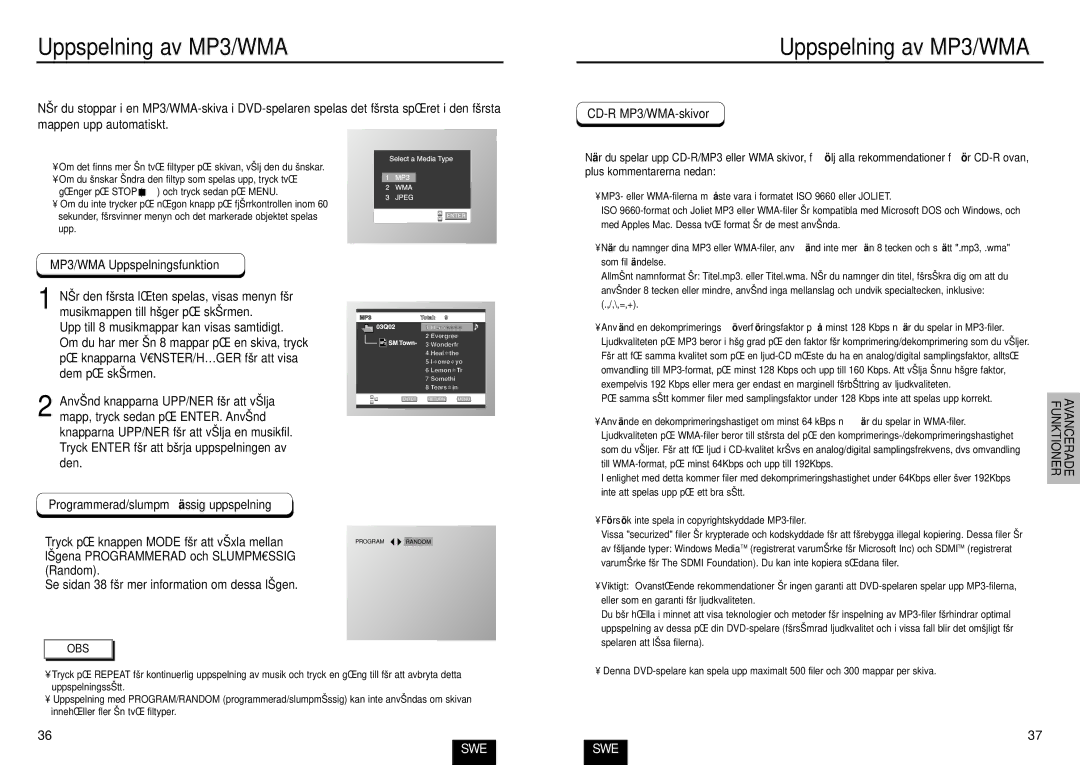 Samsung DVD-E235/XEE manual Uppspelning av MP3/WMA, MP3/WMA Uppspelningsfunktion, Programmerad/slumpmä ssig uppspelning 