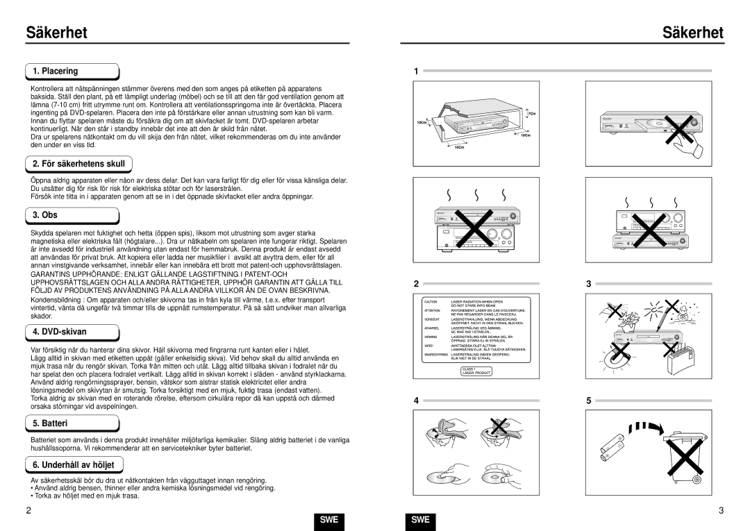 Samsung DVD-E235/XEE manual Säkerhet 