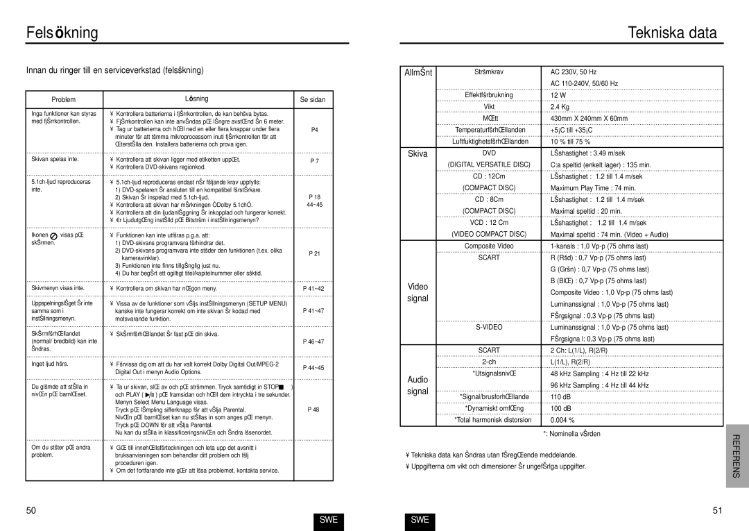 Samsung DVD-E235/XEE manual Felsö kning, Tekniska data 