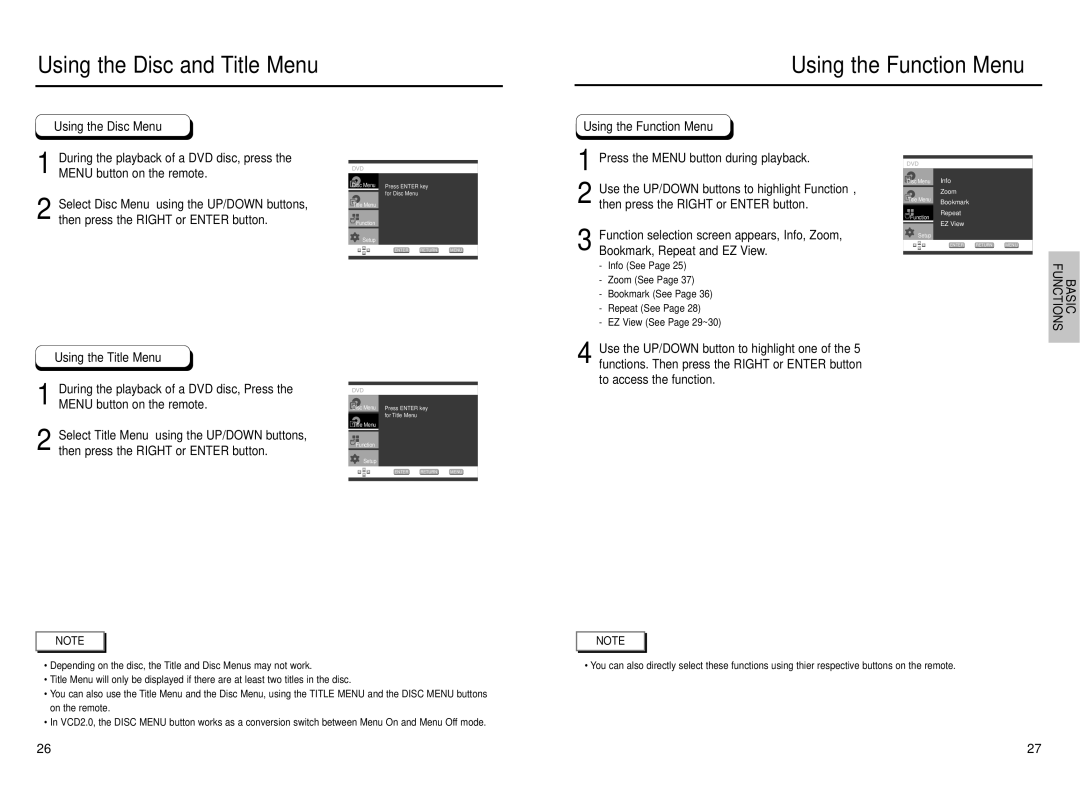 Samsung DVD-E237 manual Using the Function Menu, Press the Menu button during playback 