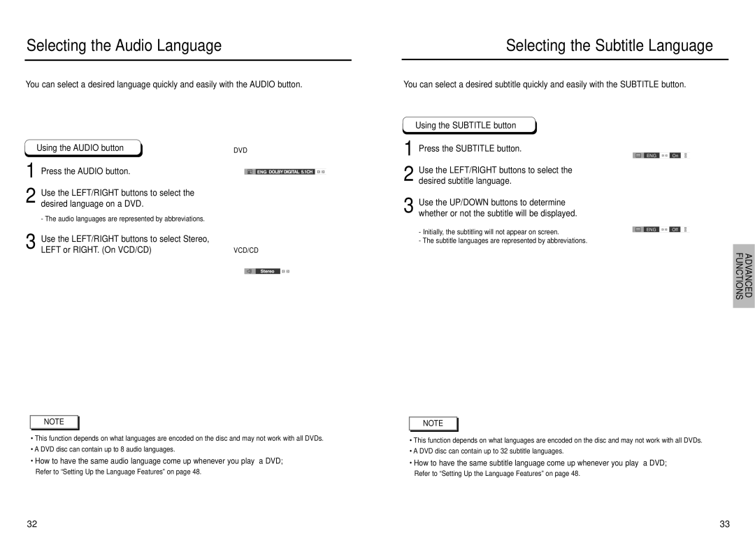 Samsung DVD-E237 manual Selecting the Audio Language, Selecting the Subtitle Language, Using the Audio button 