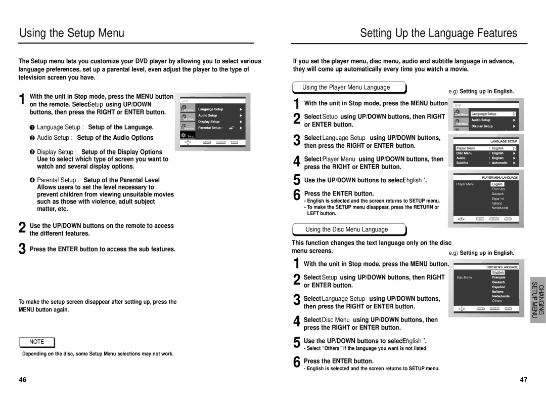 Samsung DVD-E237 manual Using the Setup Menu, Buttons, then press the Right or Enter button, Using the Player Menu Language 