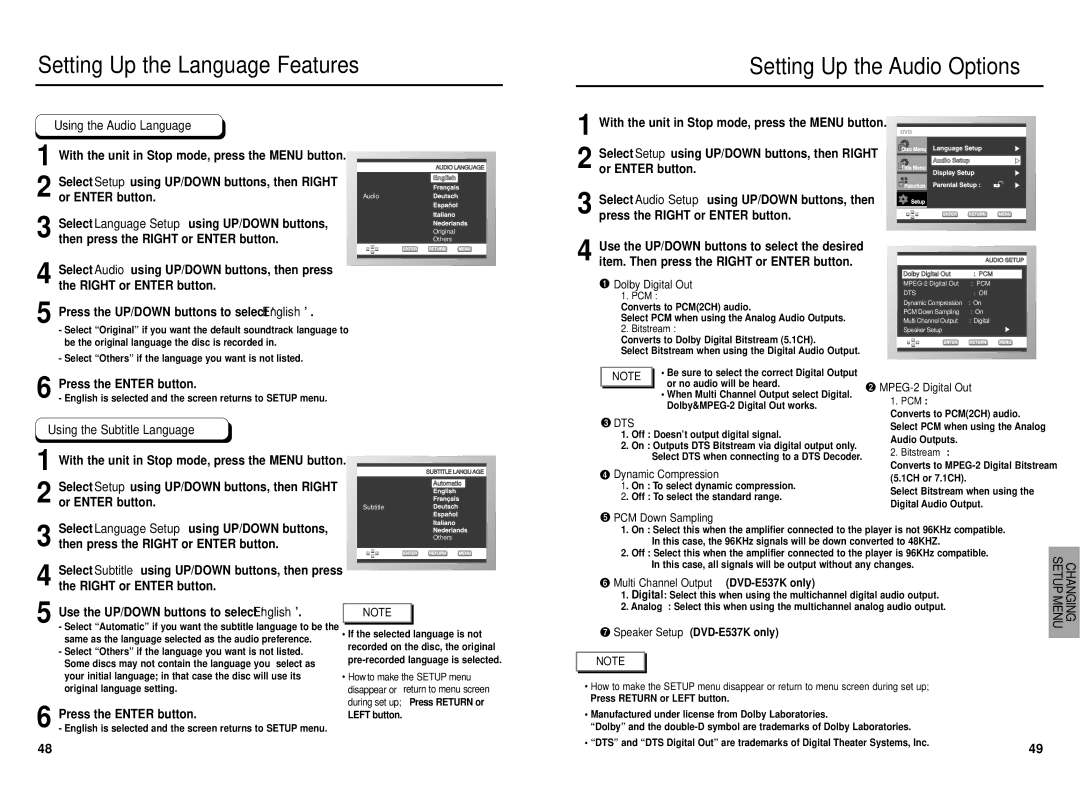 Samsung DVD-E237 manual Using the Audio Language, Using the Subtitle Language 