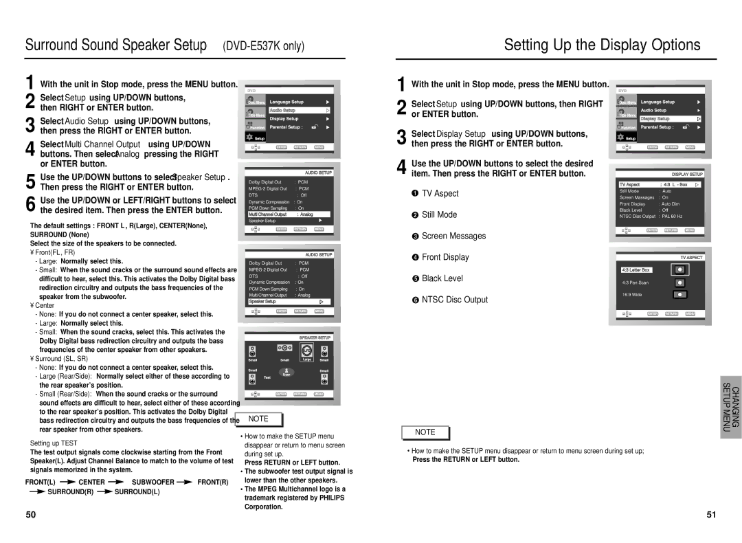 Samsung DVD-E237 manual Setting Up the Display Options, FrontFL , FR, Center, Surround SL, SR, Setting up Test 