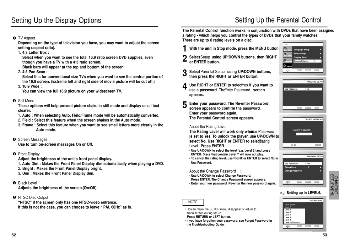 Samsung DVD-E237 manual TV Aspect, Use to turn on-screen messages On or Off, About the Rating Level 