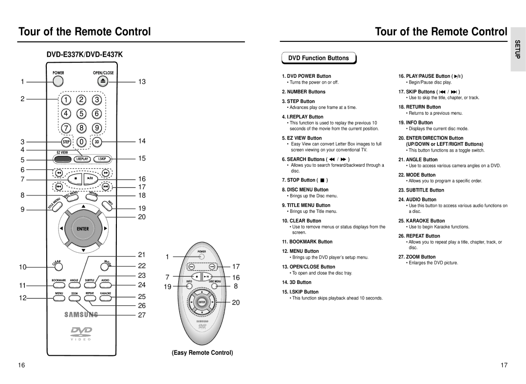 Samsung DVD-E237 DVD Power Button, Number Buttons Step Button, Screen, Bookmark Button, To open and close the disc tray 