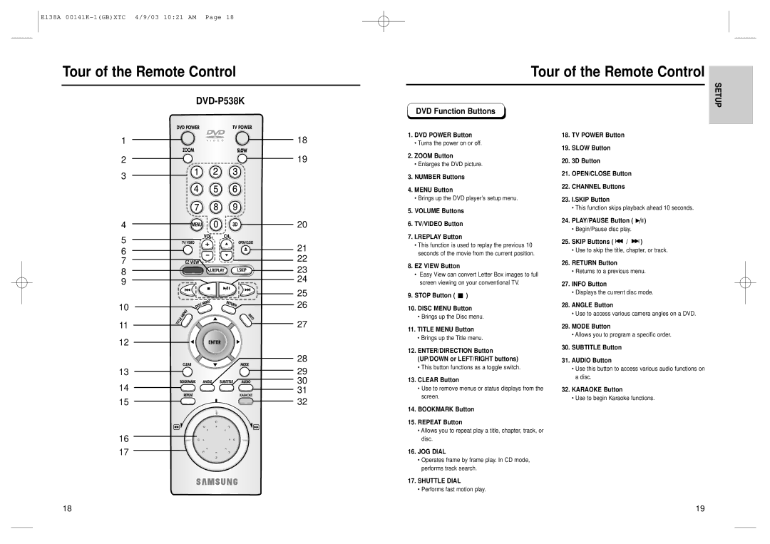 Samsung DVD-E138A Number Buttons Menu Button, Volume Buttons TV/VIDEO Button Replay Button, Bookmark Button Repeat Button 