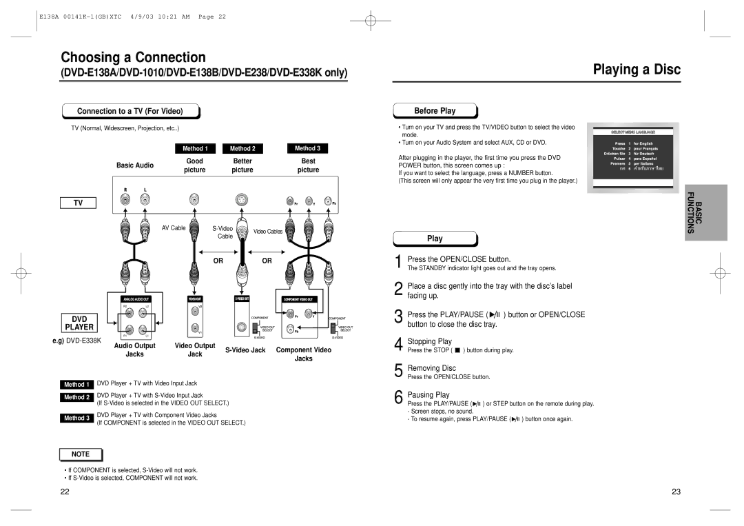 Samsung E138A 00141K, DVD-E238, DVD-E138B, DVD-E338K, DVD-E138A, DVD-P538K, AK68-00141K manual Playing a Disc, Before Play 