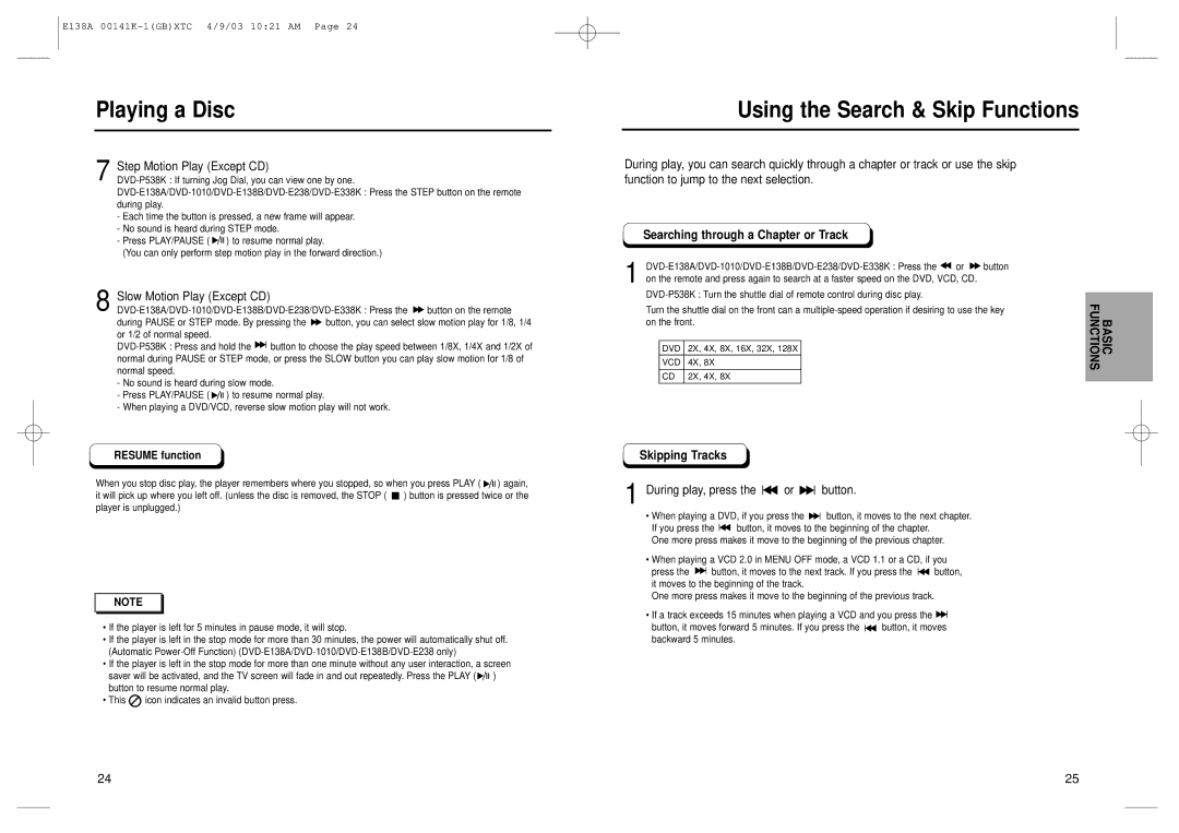 Samsung AK68-00141K, DVD-E238 Using the Search & Skip Functions, Searching through a Chapter or Track, Skipping Tracks 