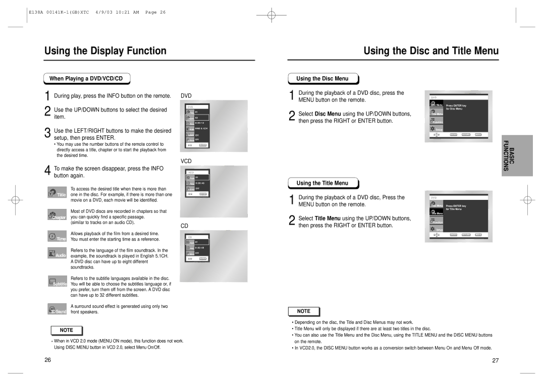 Samsung DVD-E238 Using the Display Function Using the Disc and Title Menu, When Playing a DVD/VCD/CD, Using the Disc Menu 