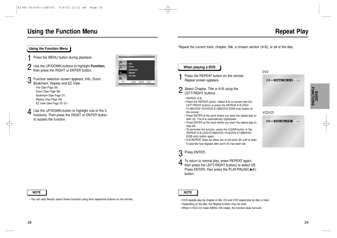 Samsung DVD-E138B, DVD-E238, DVD-E338K, DVD-E138A, DVD-P538K manual Using the Function Menu Repeat Play, When playing a DVD 