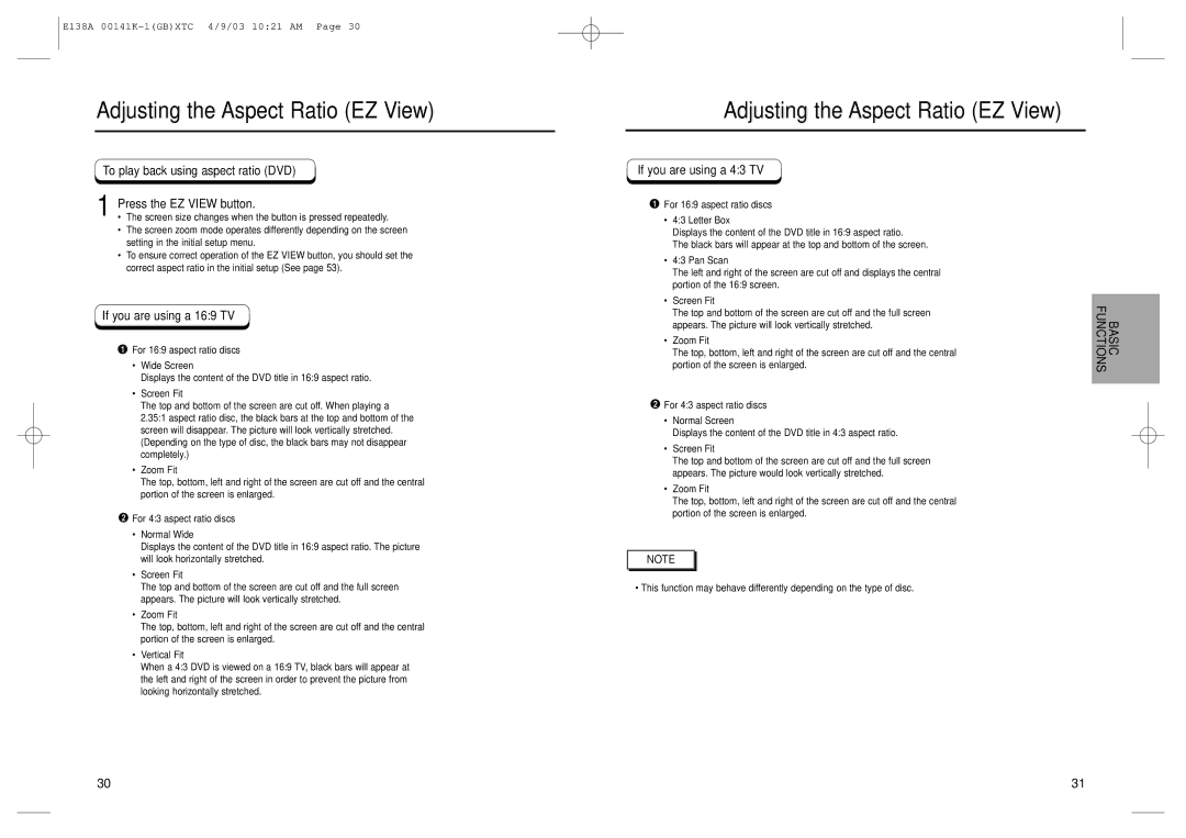 Samsung DVD-E338K manual Adjusting the Aspect Ratio EZ View, To play back using aspect ratio DVD, Press the EZ View button 