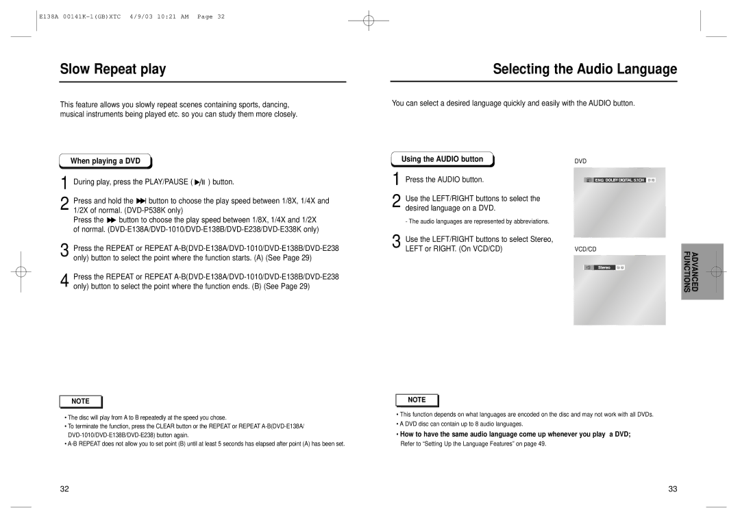 Samsung DVD-E138A manual Slow Repeat play, Selecting the Audio Language, VCD/CD Functions Advanced, Using the Audio button 