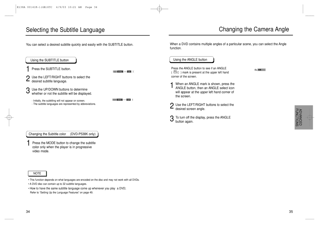 Samsung DVD-P538K, DVD-E238 manual Selecting the Subtitle Language, Changing the Camera Angle, Using the Subtitle button 