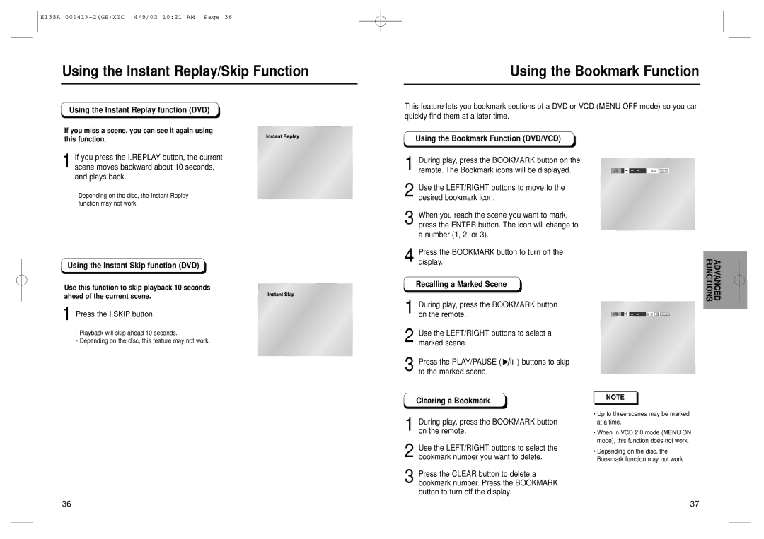 Samsung E138A 00141K Using the Instant Replay/Skip Function, Functions Advanced, Using the Instant Replay function DVD 
