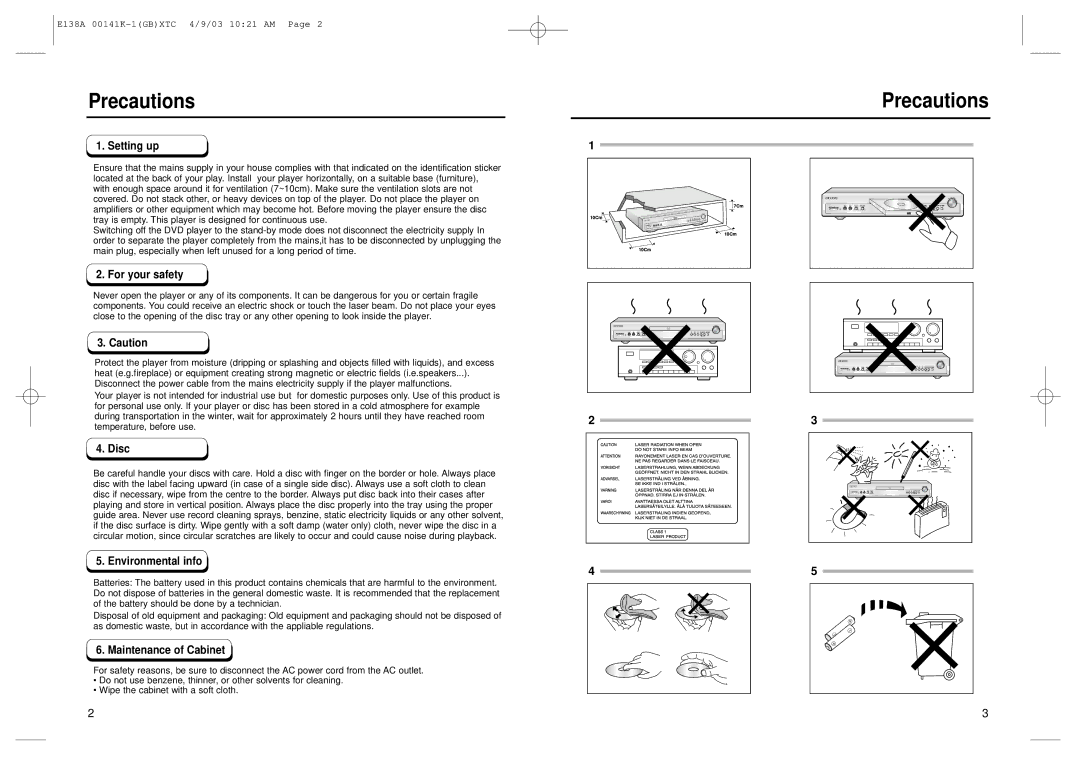 Samsung DVD-E338K, DVD-E238, DVD-E138B, DVD-E138A, DVD-P538K, E138A 00141K, AK68-00141K manual Precautions 