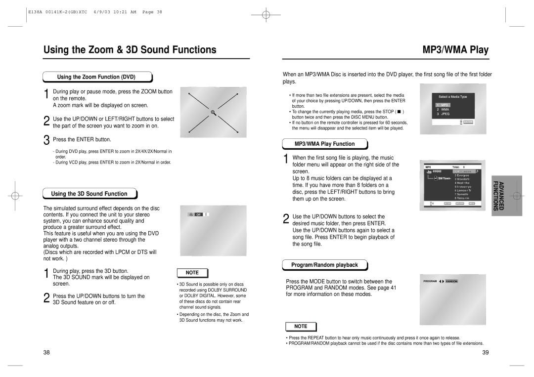 Samsung AK68-00141K, DVD-E238, DVD-E138B, DVD-E338K, DVD-E138A, DVD-P538K Using the Zoom & 3D Sound Functions, MP3/WMA Play 