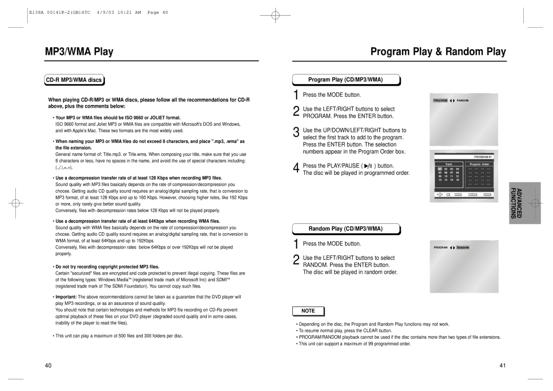 Samsung DVD-E238, DVD-E138B, DVD-E338K MP3/WMA Play Program Play & Random Play, CD-R MP3/WMA discs, Program Play CD/MP3/WMA 