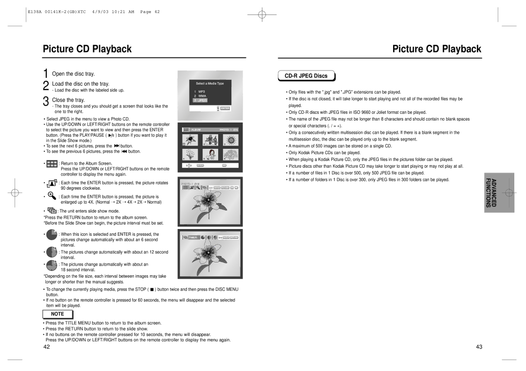 Samsung DVD-E138B Picture CD Playback, Advanced Functions, Open the disc tray Load the disc on the tray, Close the tray 