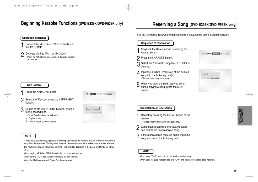 Samsung DVD-E338K, DVD-E238 manual Operation Sequence, Key Control, Sequence of reservation, Cancellation of reservation 