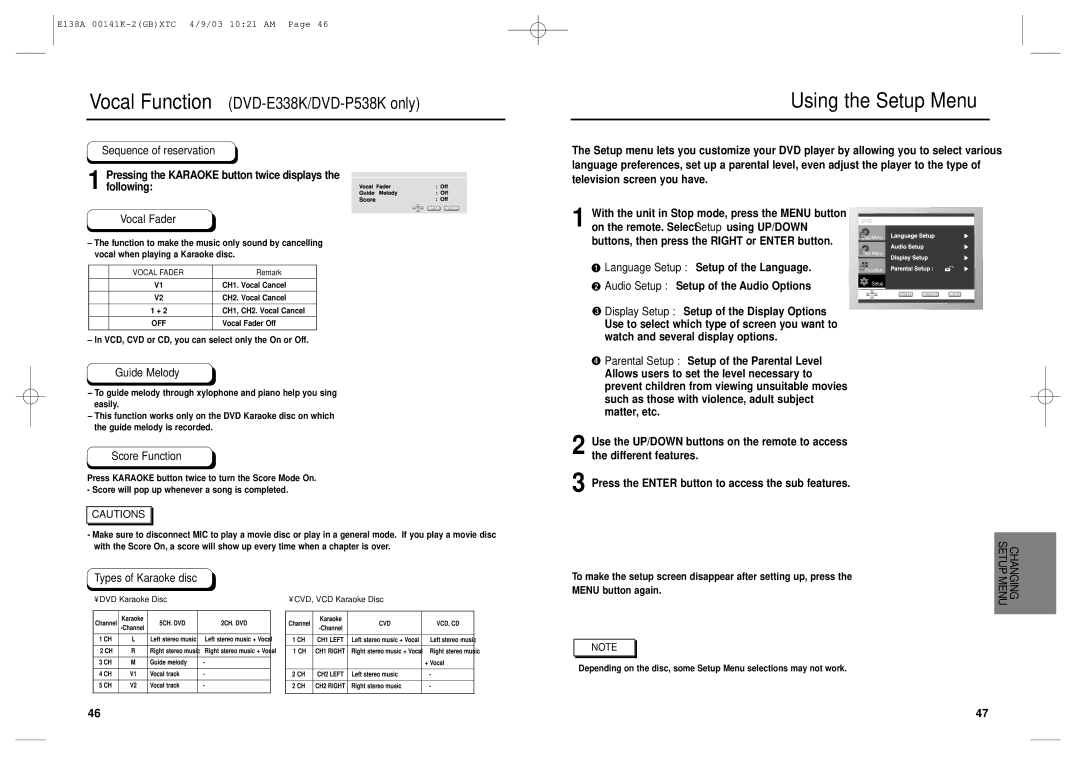 Samsung DVD-E138A, DVD-E238, DVD-E138B, DVD-E338K, DVD-P538K, E138A 00141K, AK68-00141K manual Using the Setup Menu 