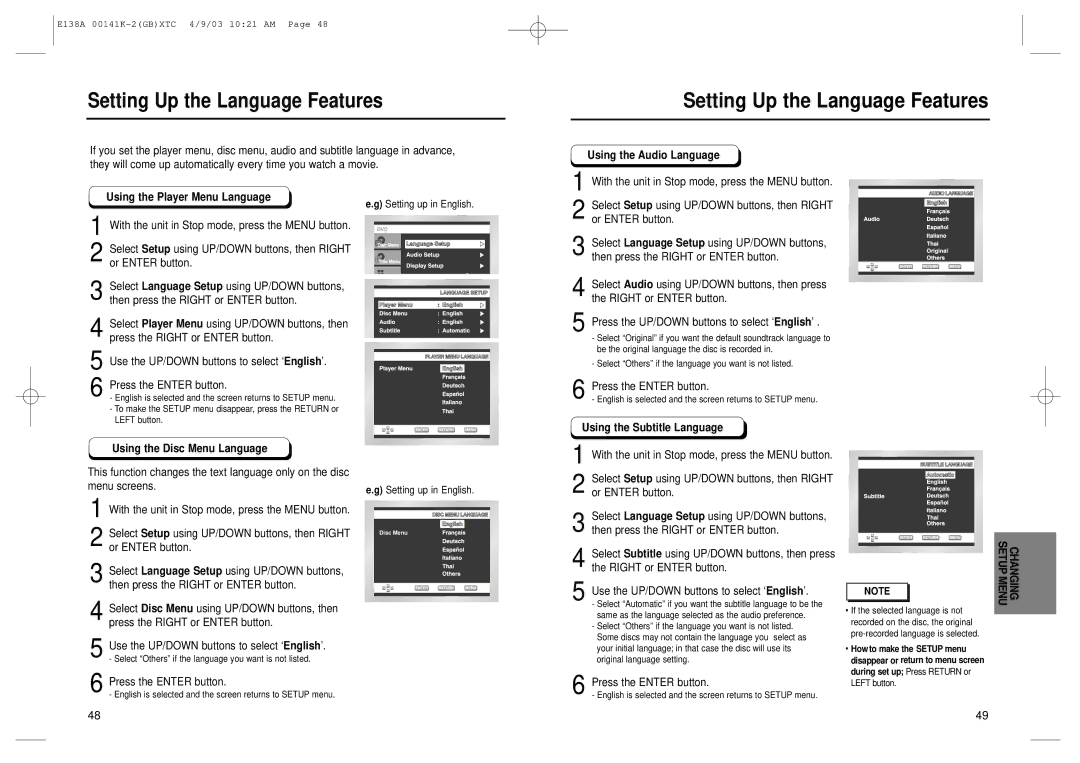 Samsung DVD-P538K, DVD-E238 Setting Up the Language Features, Using the Audio Language, Using the Player Menu Language 