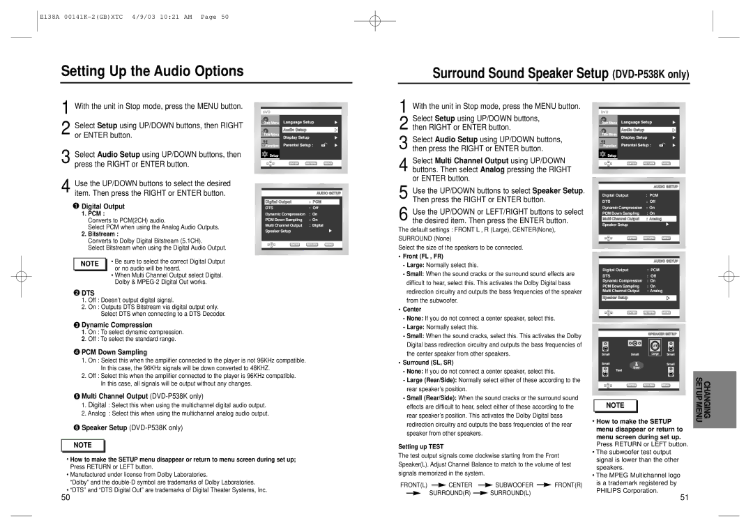 Samsung E138A 00141K, DVD-E238 manual Setting Up the Audio Options, Digital Output, Dynamic Compression, PCM Down Sampling 