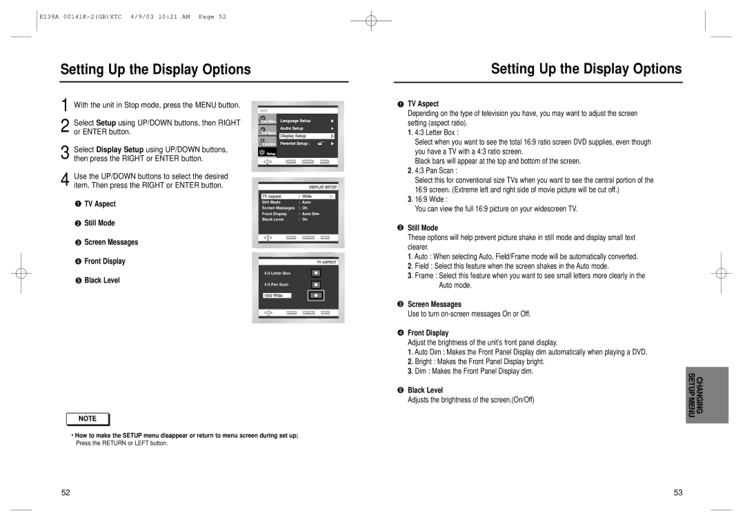 Samsung AK68-00141K, DVD-E238, DVD-E138B, DVD-E338K, DVD-E138A, DVD-P538K manual Setting Up the Display Options, TV Aspect 