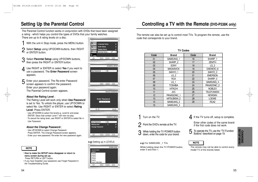 Samsung DVD-E238, DVD-E138B, DVD-E338K, DVD-E138A About the Rating Level, TV Codes, About the Change Password, Code Brand 