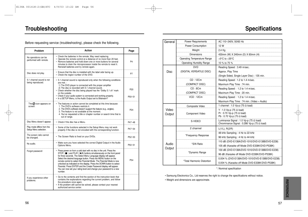 Samsung DVD-E138B, DVD-E238, DVD-E338K, DVD-E138A, DVD-P538K manual Troubleshooting, Specifications, General, Disc, Output 