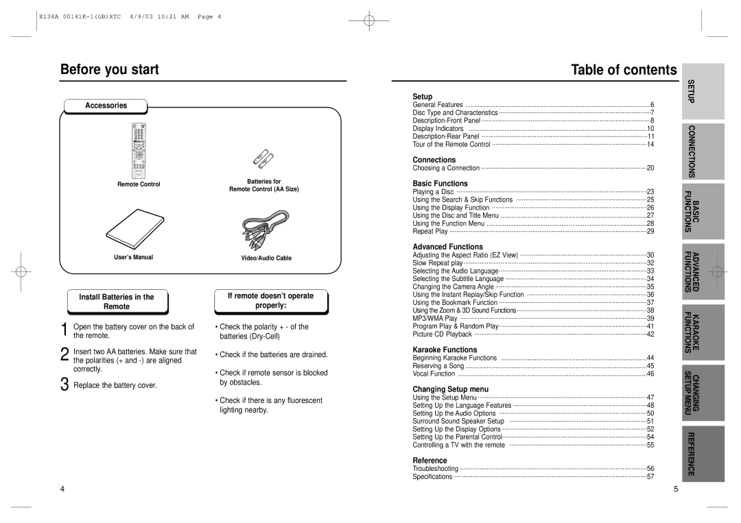 Samsung DVD-E138A, DVD-E238, DVD-E138B, DVD-E338K, DVD-P538K, E138A 00141K, AK68-00141K Before you start, Table of contents 