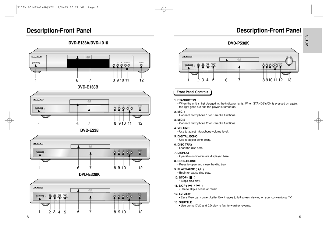 Samsung E138A 00141K, DVD-E238, DVD-E138B, DVD-E338K, DVD-E138A manual Description-Front Panel, Setup, Front Panel Controls 