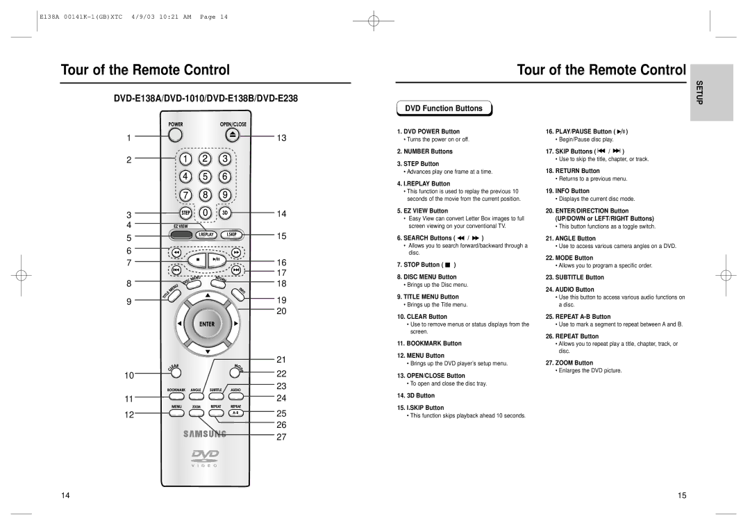 Samsung DVD-E138B, DVD-E238, DVD-E338K, DVD-E138A, DVD-P538K, E138A 00141K Tour of the Remote Control, DVD Function Buttons 