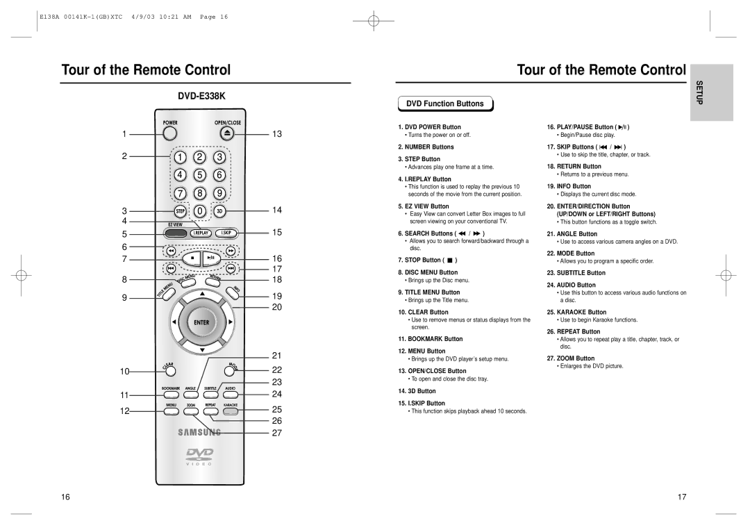 Samsung DVD-E338K DVD Power Button, Number Buttons Step Button, Skip Buttons, Subtitle Button Audio Button, Karaoke Button 