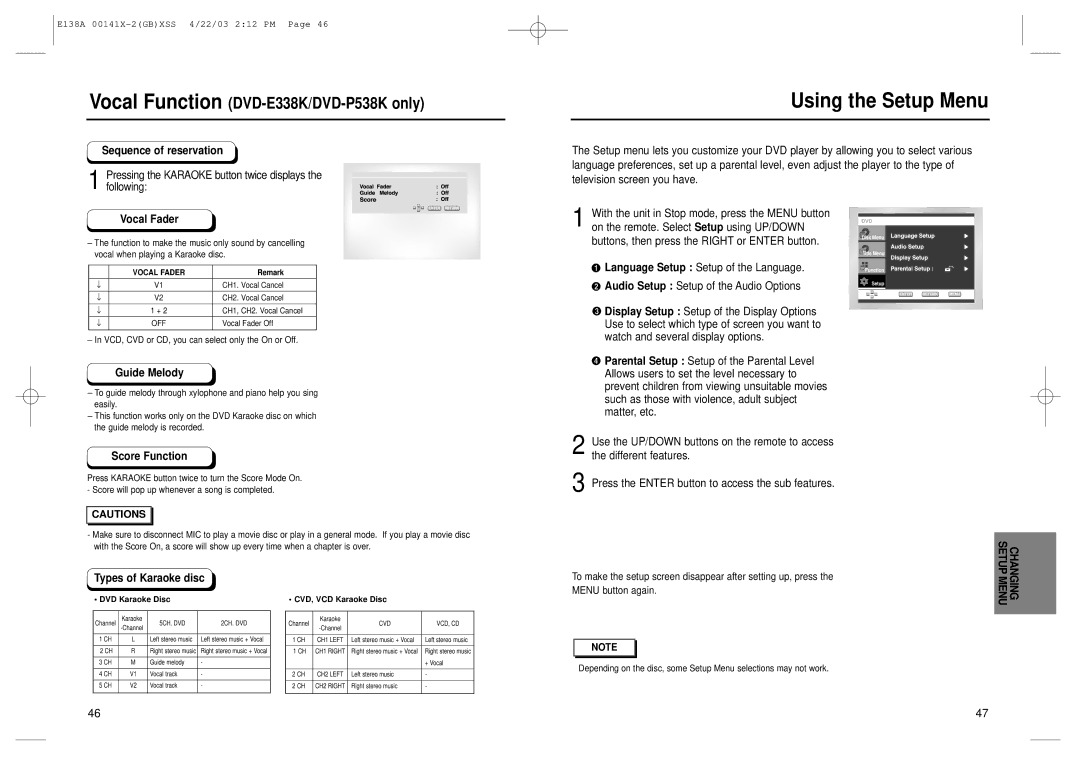 Samsung DVD-E238S/XSV manual Using the Setup Menu 