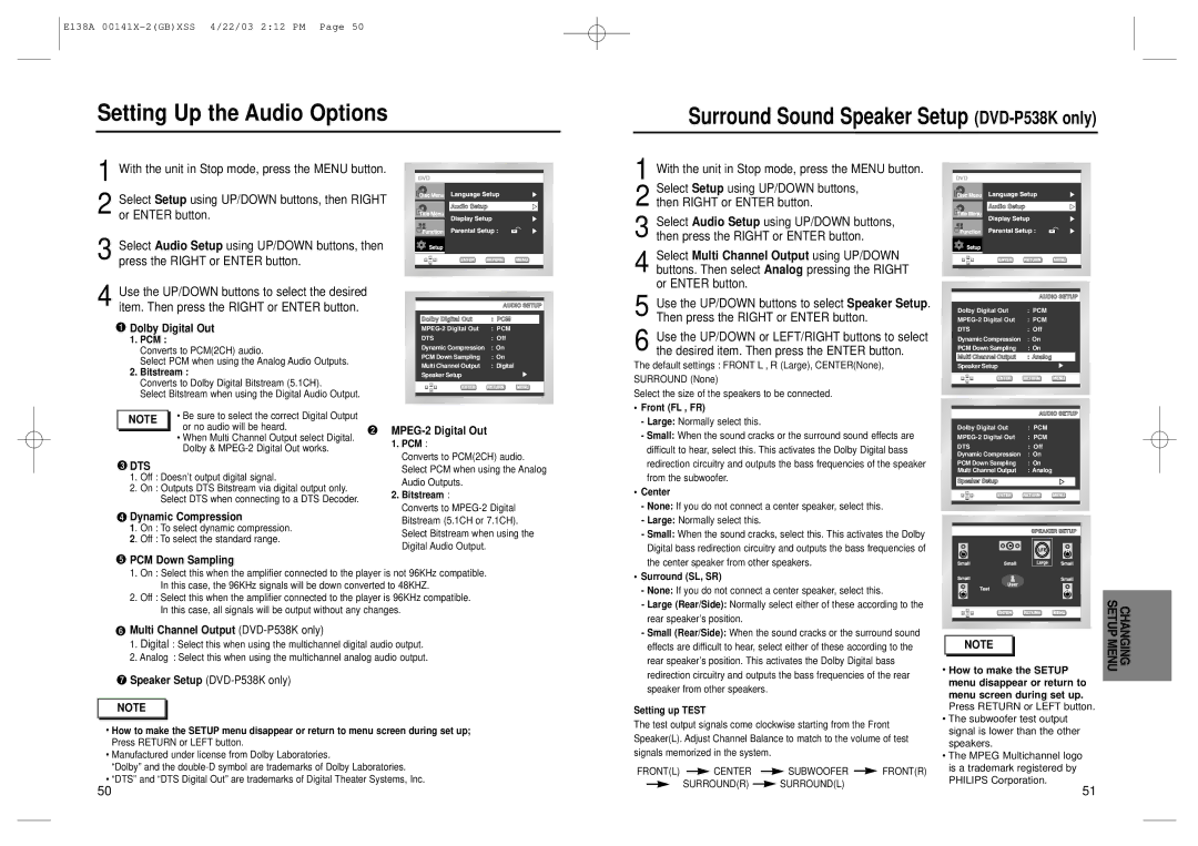Samsung DVD-E238S/XSV manual Setting Up the Audio Options 
