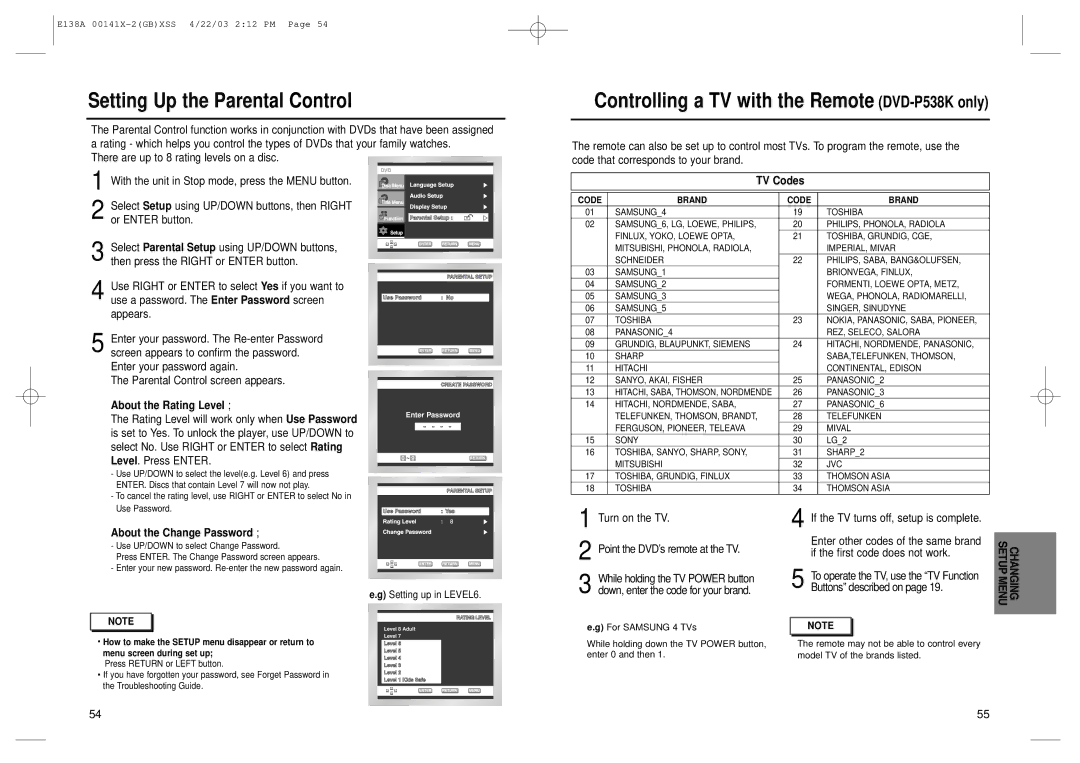 Samsung DVD-E238S/XSV manual Menu, About the Rating Level, TV Codes, About the Change Password 