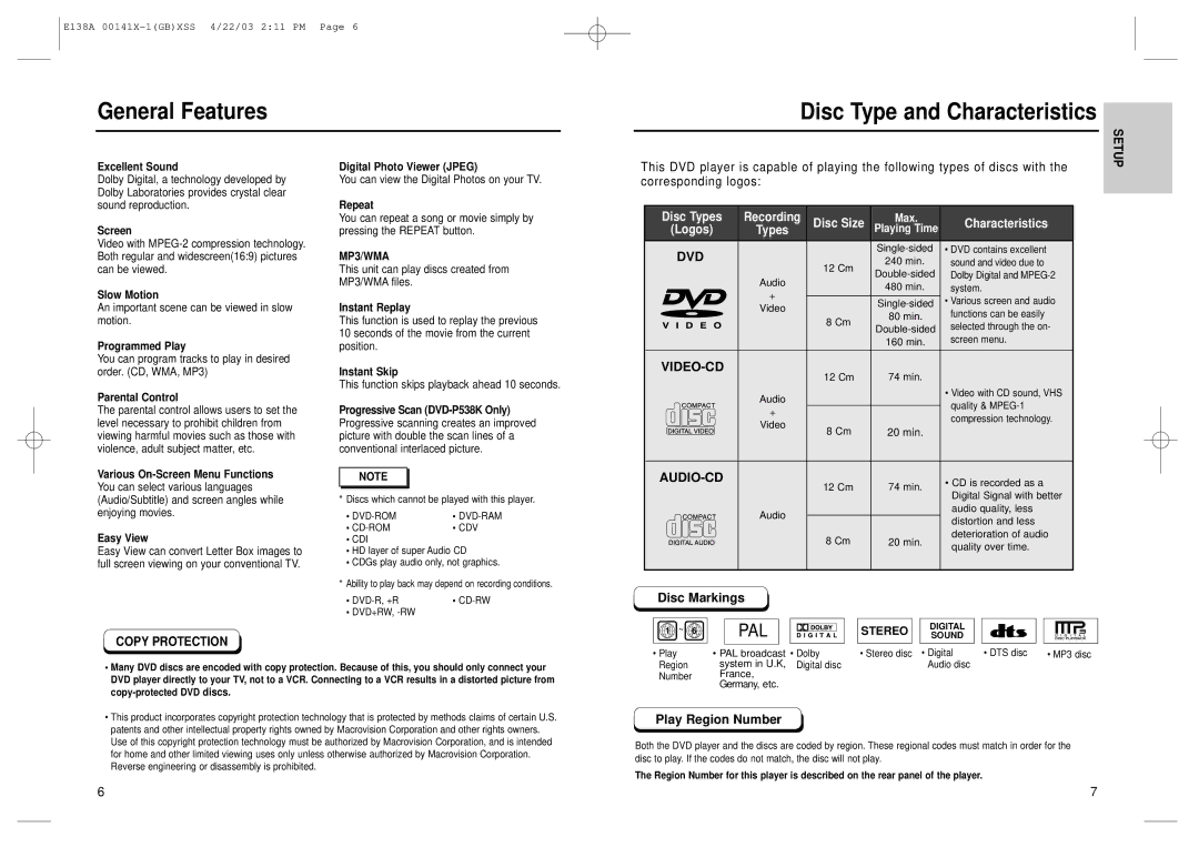 Samsung DVD-E238S/XSV manual General Features Disc Type and Characteristics, Dvd, Video-Cd, Audio-Cd, Corresponding logos 