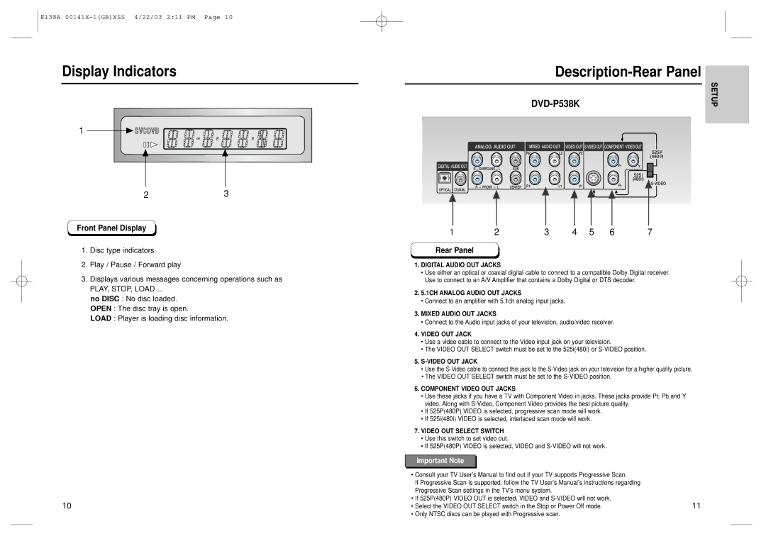 Samsung DVD-E238S/XSV manual Display Indicators, Description-Rear Panel, Front Panel Display 
