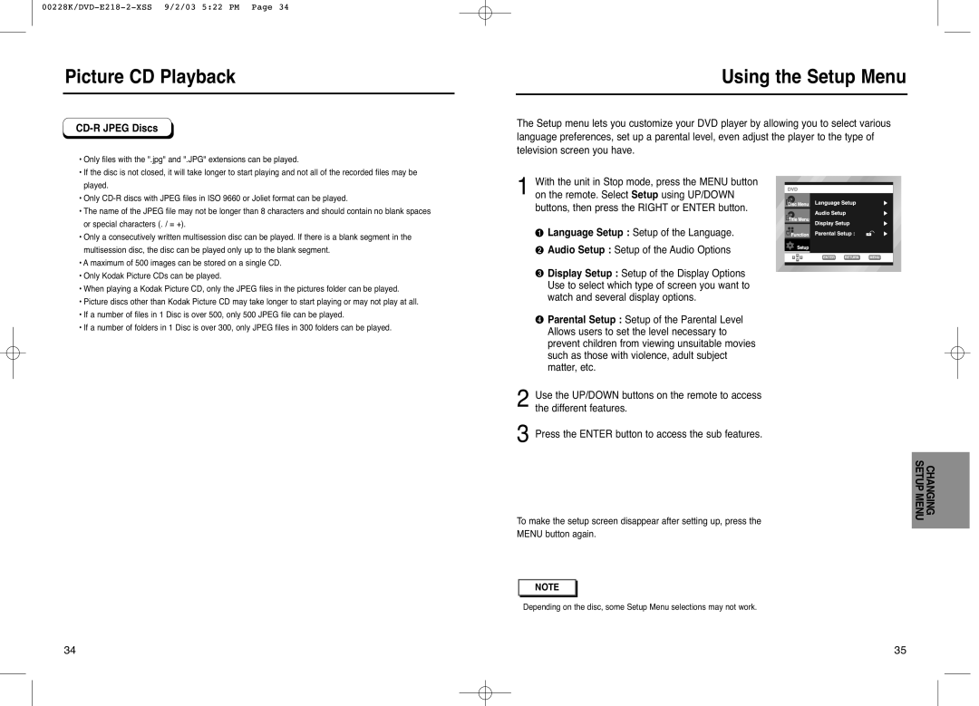 Samsung DVD-E318, DVD-E218, DVD-2020 manual Using the Setup Menu, CD-R Jpeg Discs, Changing Setup Menu 