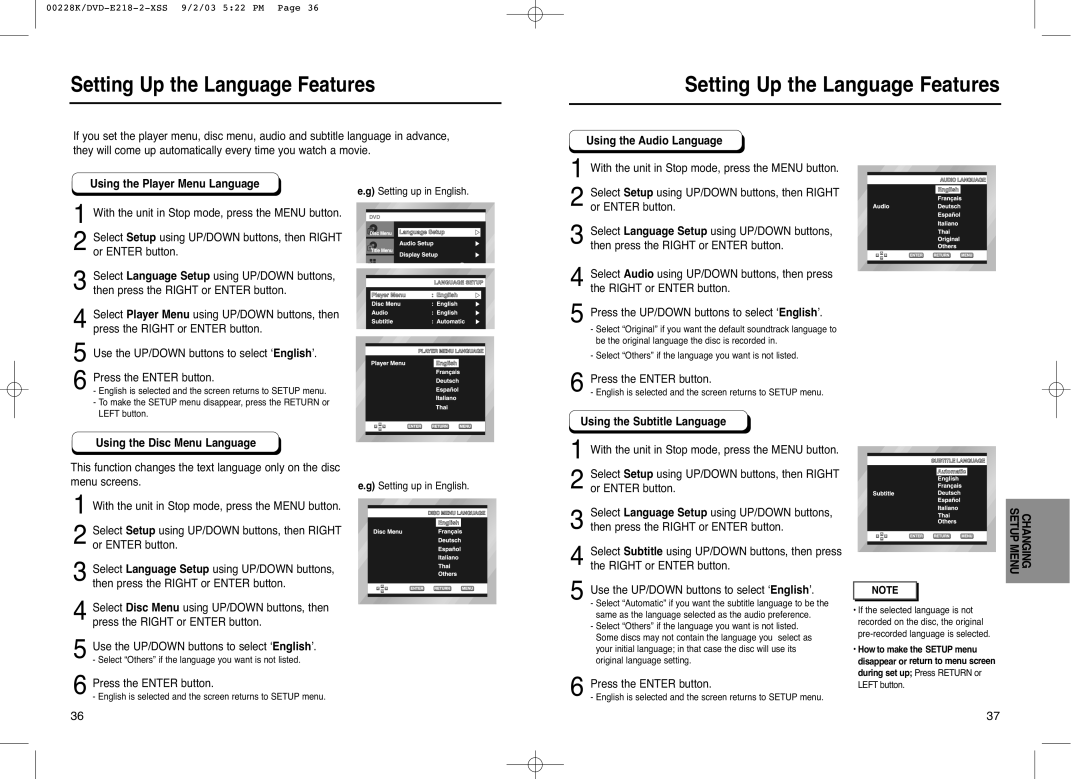 Samsung DVD-E218, DVD-E318 manual Setting Up the Language Features, Using the Audio Language, Using the Player Menu Language 