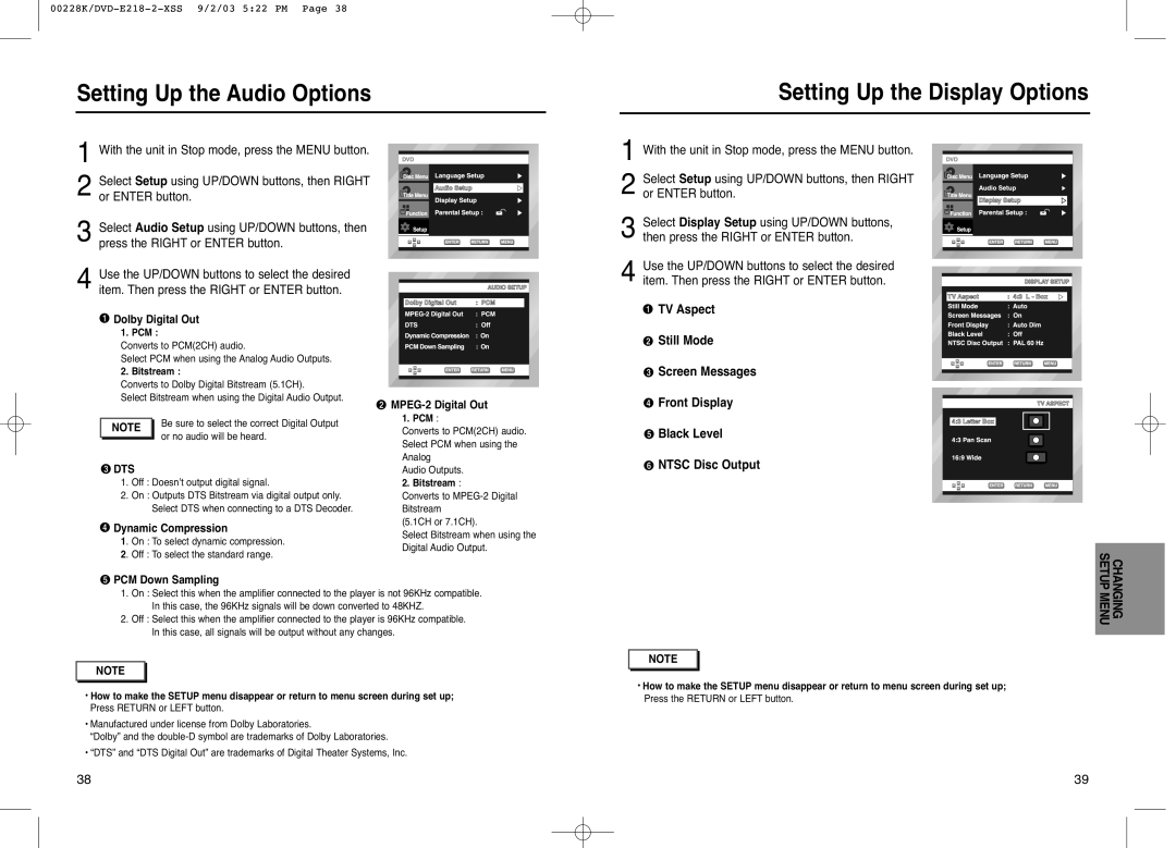 Samsung DVD-2020, DVD-E318 Setting Up the Audio Options, Setting Up the Display Options, Black Level Ntsc Disc Output, Dts 