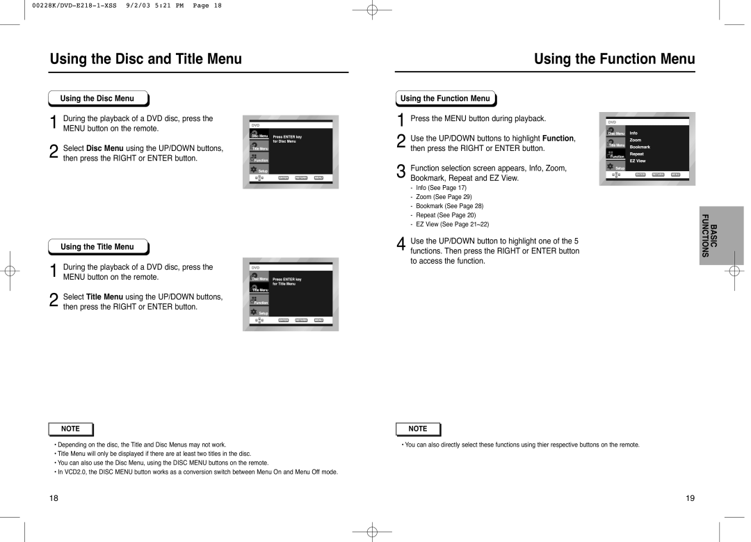 Samsung DVD-E318/XSV manual Using the Function Menu, Press the Menu button during playback, EZ View See Page 21~22 