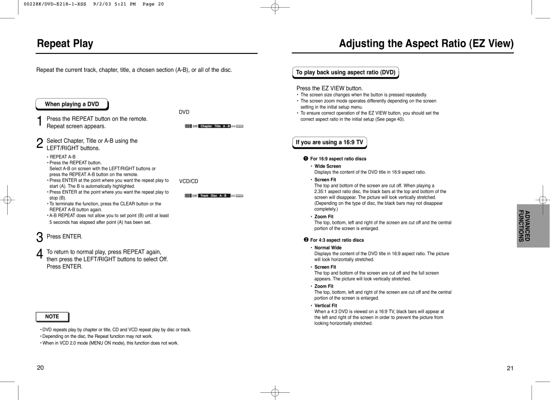 Samsung DVD-E318/XSV manual Repeat Play, Adjusting the Aspect Ratio EZ View, When playing a DVD, If you are using a 169 TV 