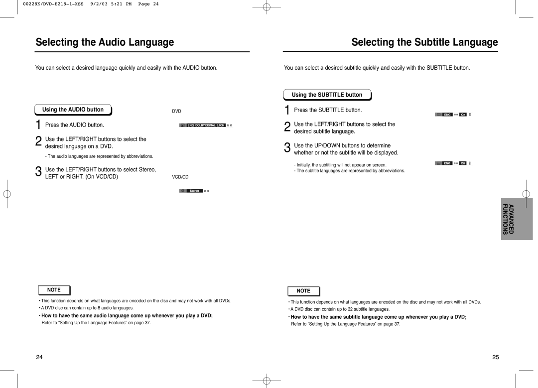 Samsung DVD-E318/XSV manual Selecting the Audio Language, Selecting the Subtitle Language, Using the Audio button 