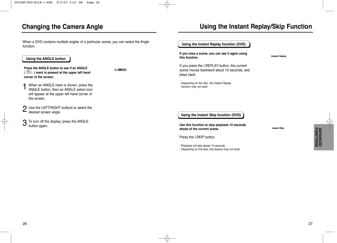 Samsung DVD-E318/XSV manual Changing the Camera Angle, Using the Instant Replay/Skip Function, Using the Angle button 