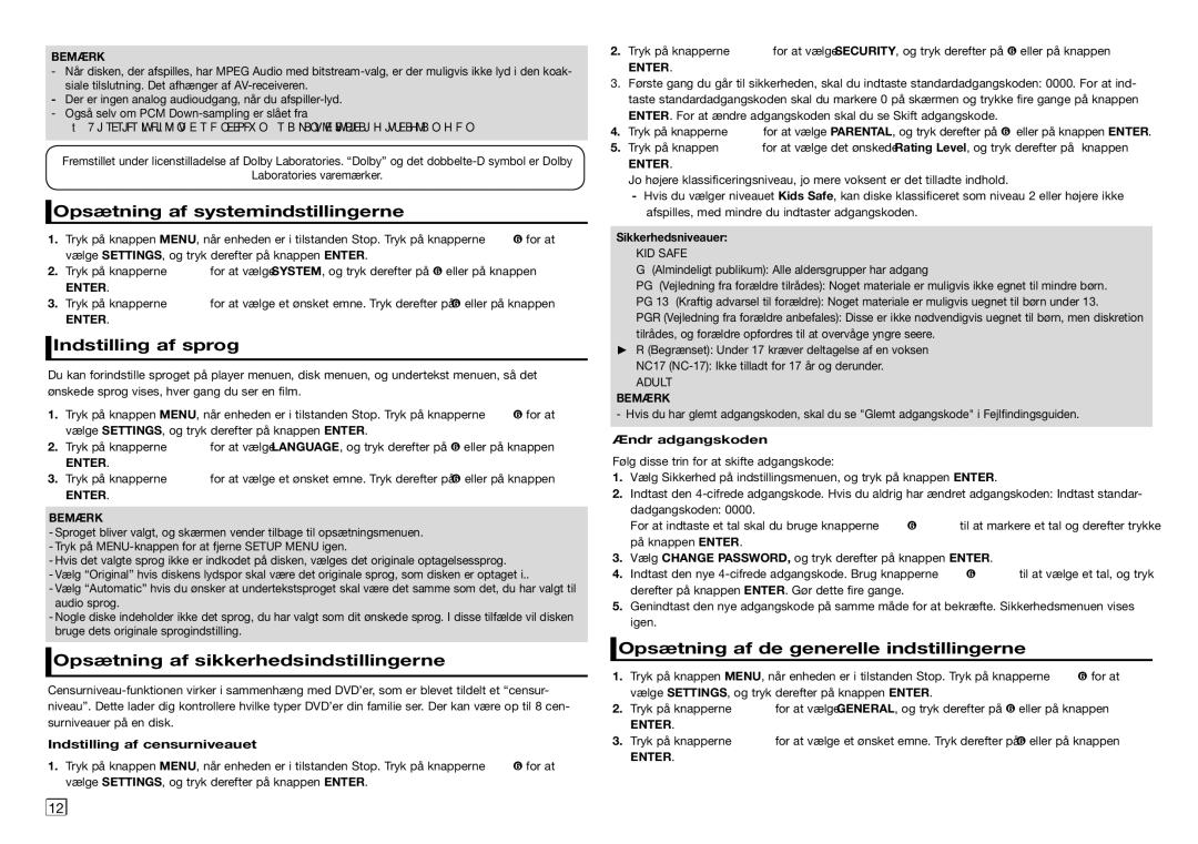 Samsung DVD-E350/XE manual Opsætning af systemindstillingerne, Indstilling af sprog, Opsætning af sikkerhedsindstillingerne 